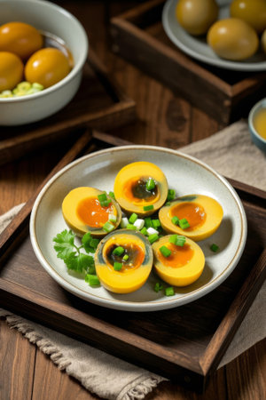 Salted duck egg slices on a wooden plateの素材