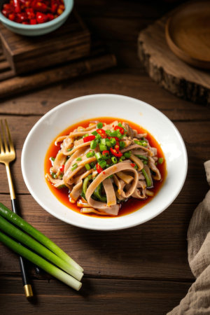 Wooden table with red oil and cold pork belly shreddedの素材