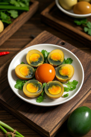 Crusted eggs and eggs on a wooden plateの素材