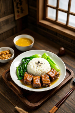 Chinese wooden table delicious pork rib rice set mealの素材