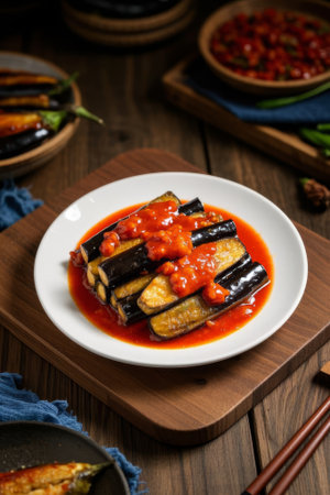 Eggplant dish in sauce on a wooden plateの素材