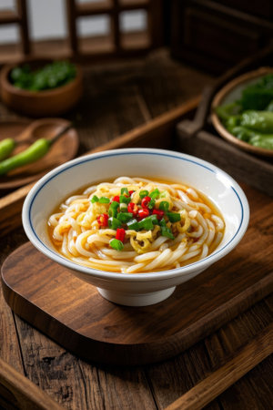 A bowl of rice noodles sprinkled with chopped green onions and peppers on a wooden tableの素材