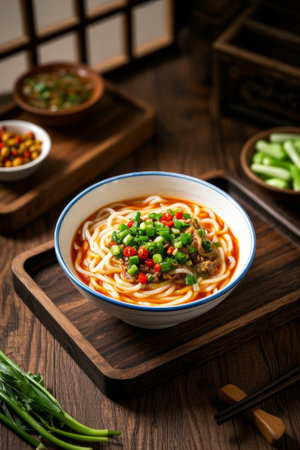 A bowl of delicious rice noodles on a wooden tableの素材