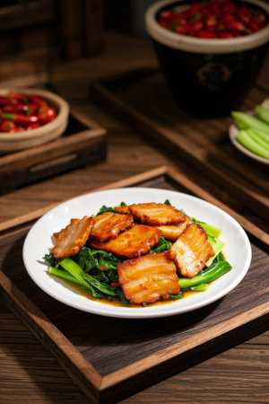 Stir fried pork belly with vegetables on a wooden plateの素材