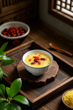 Millet porridge and red dates on a Chinese wooden tableの素材