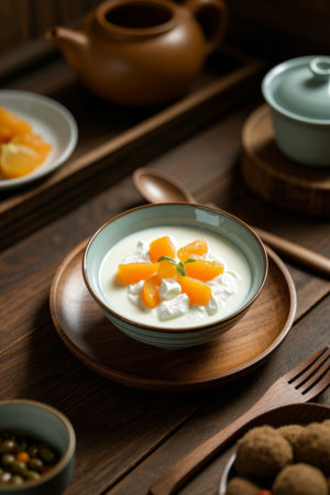 Fruit yogurt delicacies on wooden platesの素材