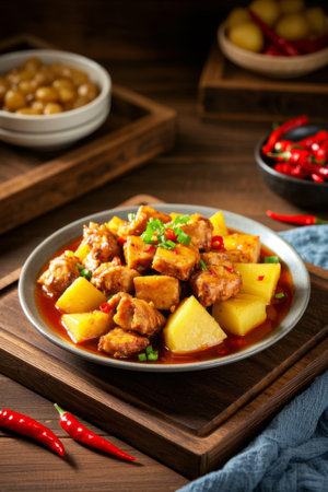 Potato stewed chicken nuggets food close upの素材