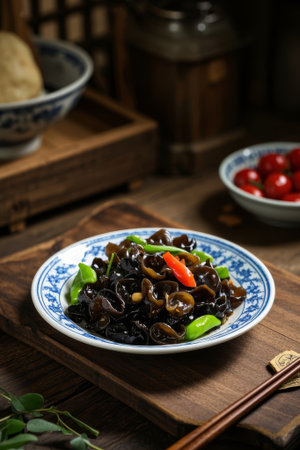 Cold black fungus dishes on a Chinese plateの素材