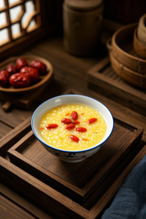 Chinese bowl millet porridge with goji berriesの素材