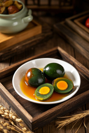 Close up of a delicious pine flower egg on a wooden plateの素材