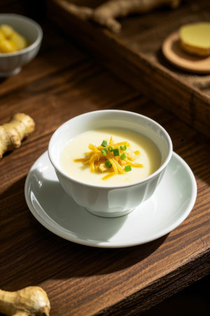 A bowl of delicious egg custard on a wooden tableの素材