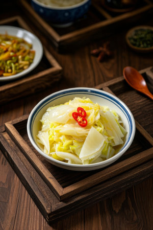Close up of pickled cabbage on a wooden plateの素材
