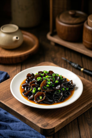 Cold black fungus delicacies on a wooden plateの素材