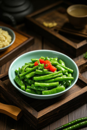 Close up of a delicious dish of beans served in a bowl on a wooden plateの素材