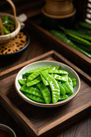 Fresh greens in bowls on a wooden platterの素材