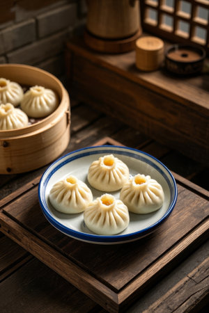 Xiaolongbao delicacies on a Chinese wooden tableの素材