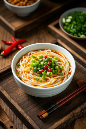 Close up of rice noodles in a bowl with chopped green onions and peppersの素材