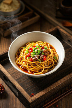 A bowl of delicious noodles on a wooden trayの素材