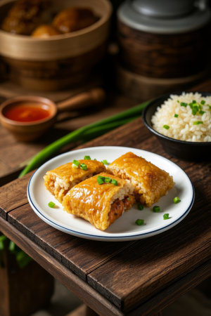 Chinese delicious chicken glutinous rice roll on a plateの素材