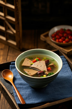 Close up of pork liver soup in a bowlの素材