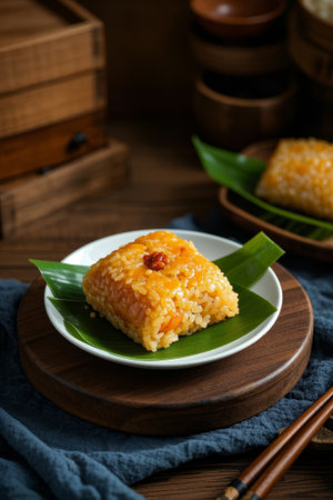 Square rice dumplings placed on a wooden plateの素材