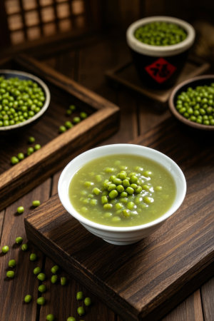 Mung bean soup and mung beans on a wooden tableの素材