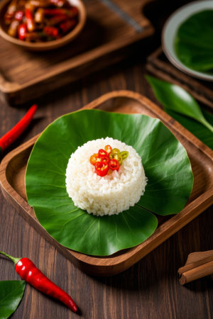 Rice on lotus leaves with chili garnishの素材