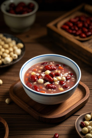 A bowl of Laba porridge on a wooden tableの素材