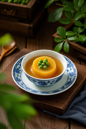 Delicious soups in Chinese blue and white porcelain bowlsの素材