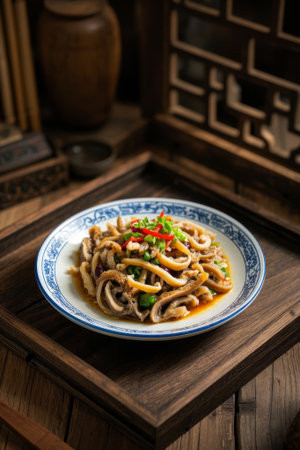 Cold pork belly dishes served on Chinese tablewareの素材