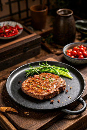 Delicious steak and side dishes on a black plateの素材