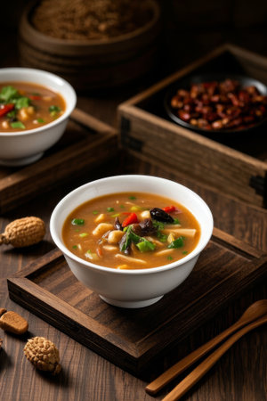 Close up of delicious soup on a wooden tableの素材