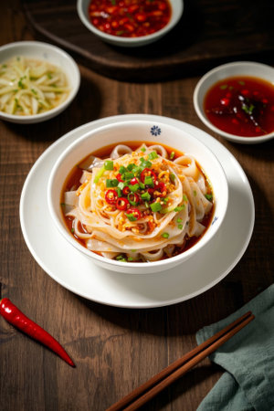 A bowl of cold rice noodles on a wooden tableの素材