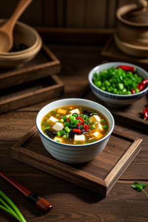 Tofu soup and side dishes on a wooden tableの素材