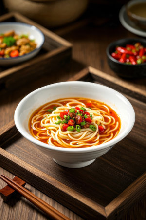 Delicious noodles on a wooden trayの素材