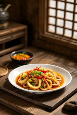 Spicy squid whiskers on a Chinese wooden tableの素材