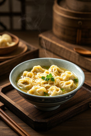 Bowl wontons with green cilantroの素材