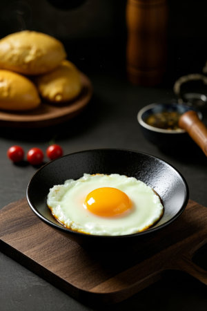 Fried egg on a plate with bread and cherry tomatoesの素材