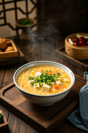 Steaming tofu and vegetable porridge on a wooden tableの素材
