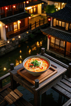 A bowl of hot noodle soup on a wooden table in Gushui Townshipの素材
