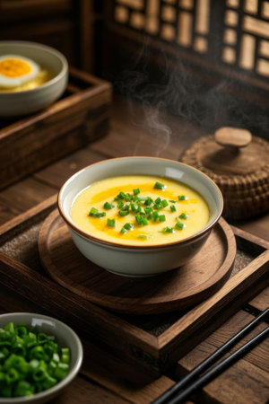 Spiced steamed egg on a Chinese wooden plateの素材