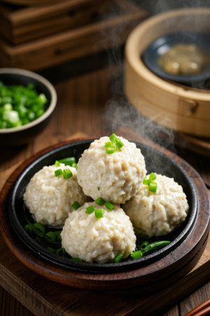 Close up of meatballs on a plate with chopped green onionsの素材