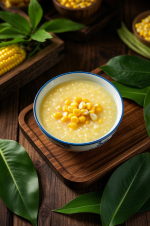 Polenta and corn garnish on a wooden plateの素材