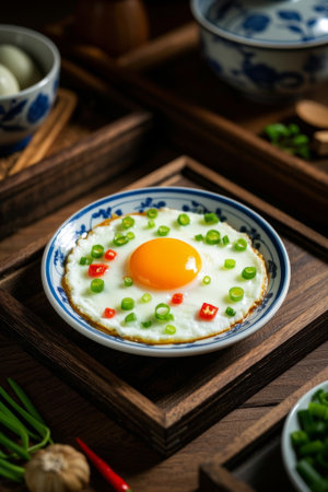 Chinese porcelain plate fried egg with chopped green onions and peppersの素材