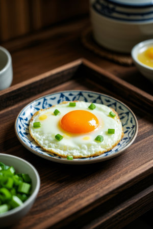 Fried egg delicacy on a blue and white porcelain plateの素材