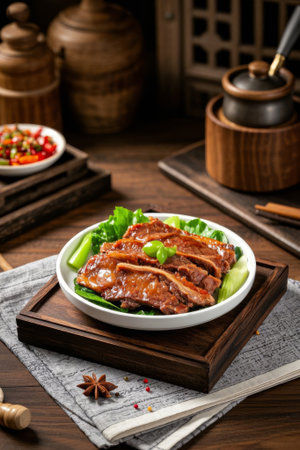 Close up of Chinese beef with sauce on a plateの素材