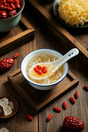Still Life of Wolfberry Tremella Soup on a Wooden Tableの素材