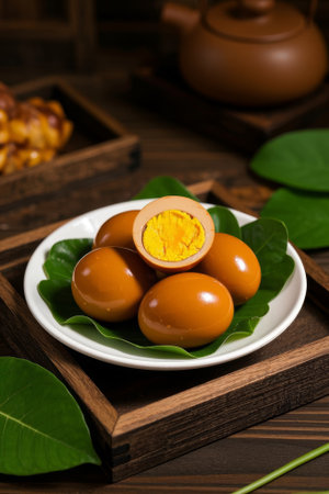 Close up of braised eggs on a wooden plateの素材