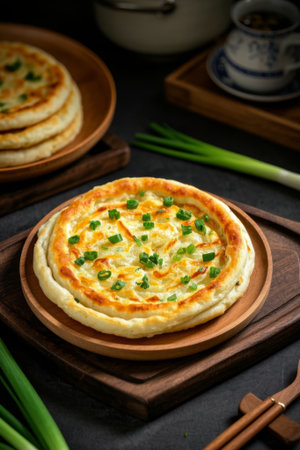 Scallion Pancake Gourmet on a Wooden Plateの素材