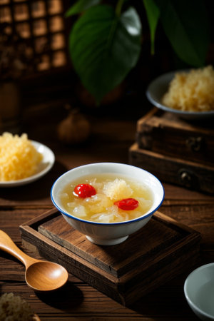 Close up of Chinese wooden table silver ear soupの素材